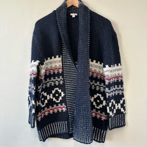 GAP Women's Wool Alpaca Blend Navy Nordic Patterned Shawl Collar Open Cardigan